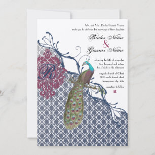 Navy & Berry Berry Elegante Damast Pfau Hochzeit Einladung
