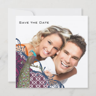 Navy & Berry Berry Elegante Damast Pfau Hochzeit Einladung