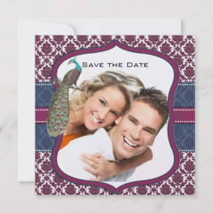 Navy & Berry Berry Elegante Damast-Pfau-Hochzeit Einladung