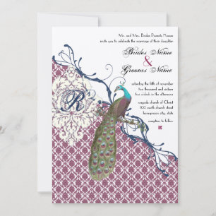 Navy & Berry Berry Elegante Damast Pfau Hochzeit Einladung