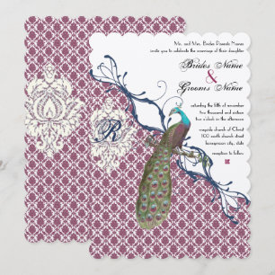 Navy & Berry Berry Elegante Damast-Pfau-Hochzeit Einladung