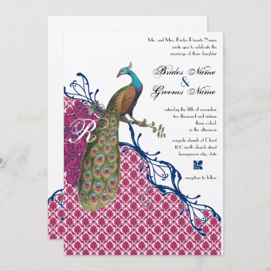 Navy & Berry Berry Monogram Damask Peacock Wedding Einladung (Vorne/Hinten)