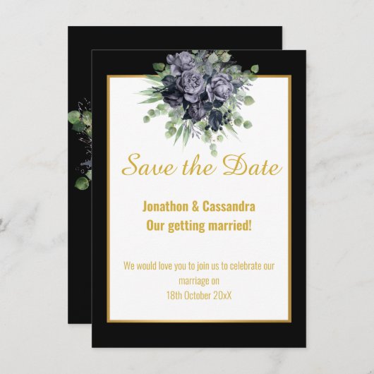 NAVY BLACK GOLD ROSE EUCALYPTUS SAVE THE DATE (Vorne/Hinten)