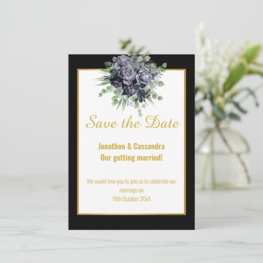 NAVY BLACK GOLD ROSE EUCALYPTUS SAVE THE DATE (Stehend Vorderseite)
