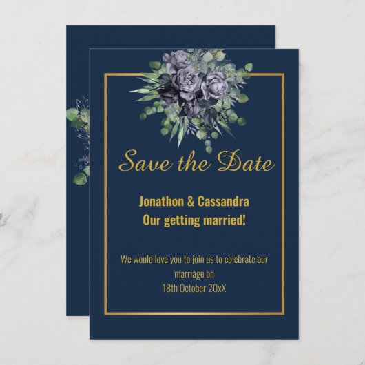 NAVY BLACK GOLD ROSE EUCALYPTUS SAVE THE DATE (Vorne/Hinten)