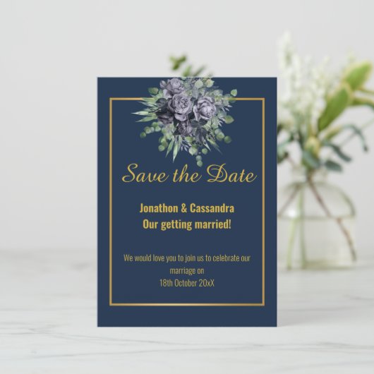 NAVY BLACK GOLD ROSE EUCALYPTUS SAVE THE DATE (Stehend Vorderseite)