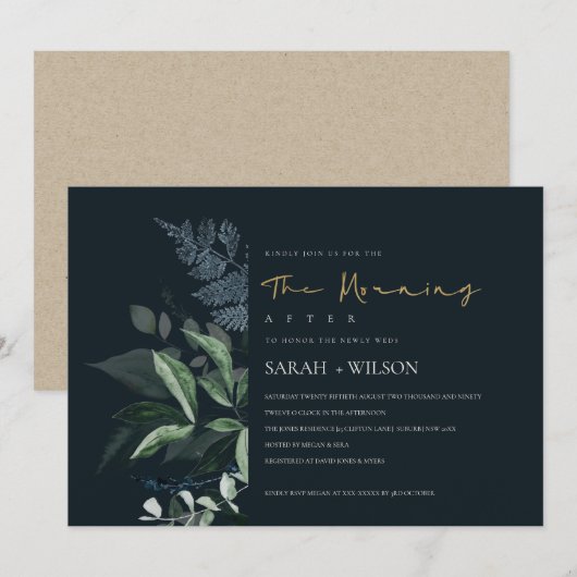 Navy Black Green Leafy Fauna Morning nach Einladun Dankeskarte (Vorne/Hinten)