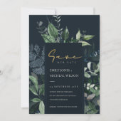 Navy Black Green Leafy Fauna Save the Date einlade Dankeskarte (Vorderseite)