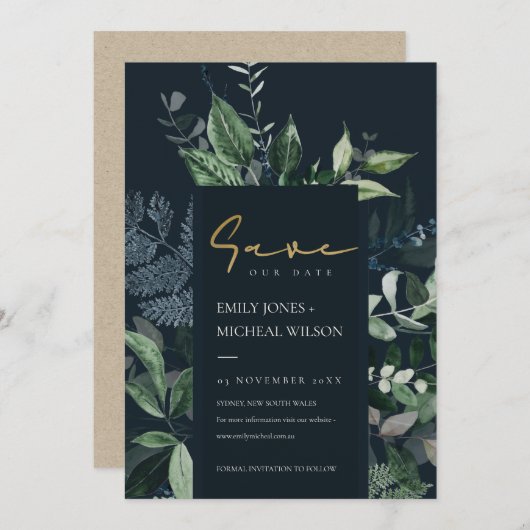 Navy Black Green Leafy Fauna Save the Date einlade Dankeskarte (Vorne/Hinten)