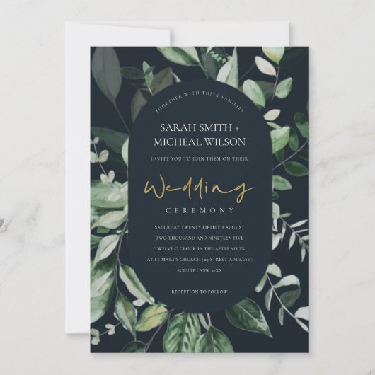Navy Black Green Leafy Foliage Wedding Invite Dankeskarte (Vorderseite)