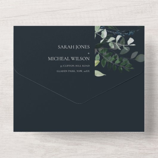 Navy Black Green Leafy Tropical Foliage Wedding Al All In One Einladung (Rückseite)