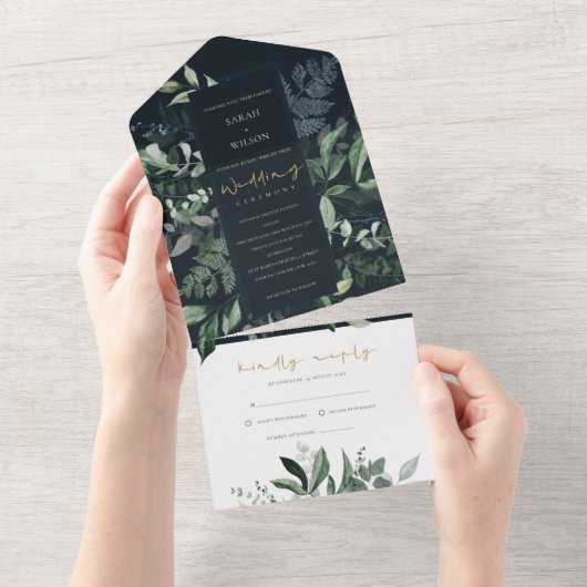 Navy Black Green Leafy Tropical Foliage Wedding Al All In One Einladung (Abreißen)