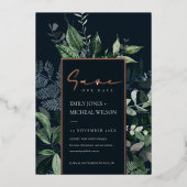 Navy Black Kraft Green Leafy Fauna Save the Date Folieneinladung (Vorderseite)