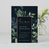 Navy Black Kraft Green Leafy Fauna Save the Date Folieneinladung (Stehend vorne)