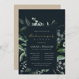 Navy Black Leafy Fauna Rehearsal Dinner Invite Dankeskarte