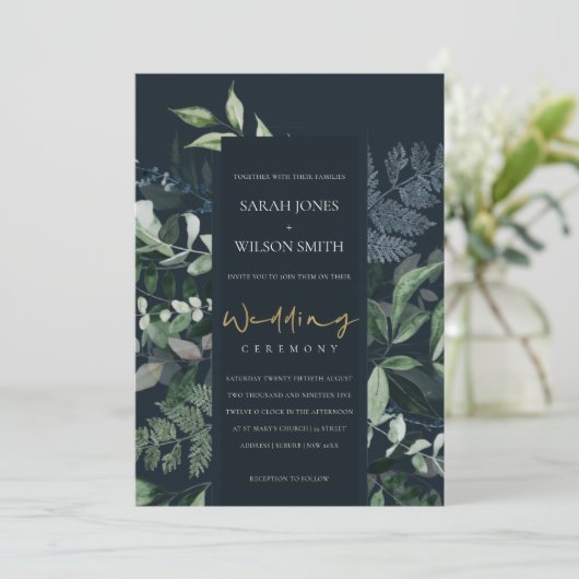 Navy Black Leafy Tropical Foliage Wedding Invite Dankeskarte (Stehend Vorderseite)
