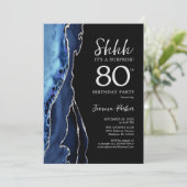 Navy Black Silver Agate Überraschung 80. Geburtsta Einladung (Stehend Vorderseite)