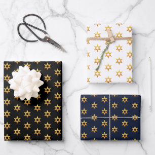 Navy Black und White Hanukkah Golden David Star Geschenkpapier Set