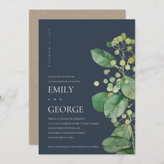 NAVY BLÄTTER FOLIAGE GREENERY COUPLE SHOWCARD DANKESKARTE (Vorne/Hinten)