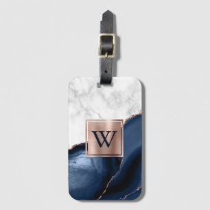Navy Blau Achat Roségold Weiße Marmor Monogramm Gepäckanhänger