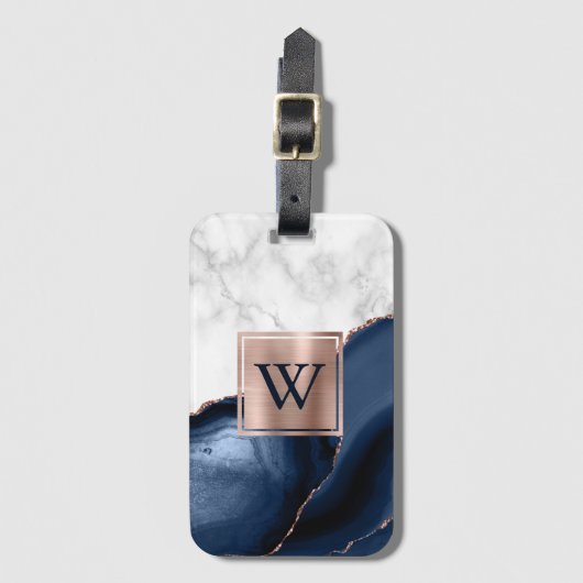 Navy Blau Achat Roségold Weiße Marmor Monogramm Gepäckanhänger (Vorderseite Vertikal)