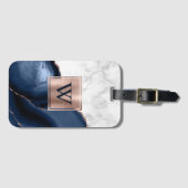 Navy Blau Achat Roségold Weiße Marmor Monogramm Gepäckanhänger (Vorderseite (Horizontal))
