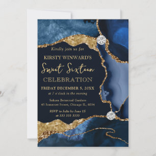 Navy-Blau-Achat und Gold-Glitter Sweet Sixteen Einladung