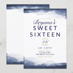 Navy Blau Aquarell Modern Chic Sweet 16 Party Einladung