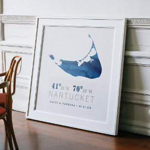 Navy Blau Aquarell Nantucket-Karten Koordinaten Poster