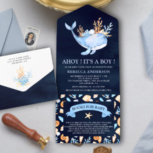 Navy Blau Aquarell Nautischer Wal Baby Shower All In One Einladung