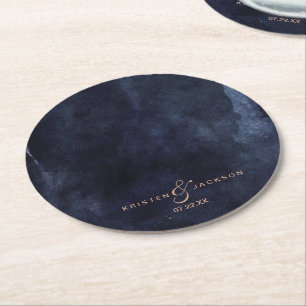 Navy Blau Aquarell & Roségold Hochzeitsmonogramm Runder Pappuntersetzer