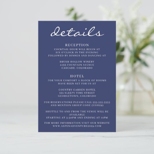 Navy Blau Aspen Baum Hochzeit Begleitkarte (Stehend Vorderseite)