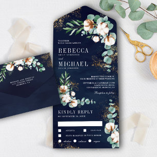 Navy Blau Baumwolle Gold Eukalyptus Zweig Hochzeit All In One Einladung