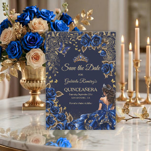 Navy Blau Blau Goldene Tiara Rosen Quinceañera Save The Date
