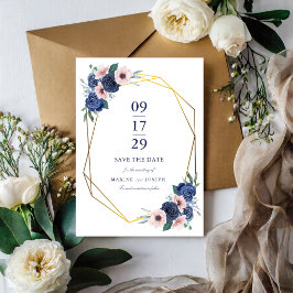 Navy Blau & Blush Blumen Geometrische Hochzeit Save The Date