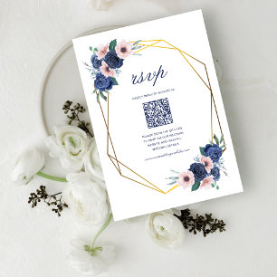 Navy Blau & Blush Blumen Geometrische Hochzeits-QR RSVP Karte