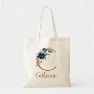 Navy Blau Blush Blumen Gold Buchstabe C Tragetasche
