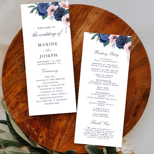 Navy Blau & Blush Blumenhochzeit Programm