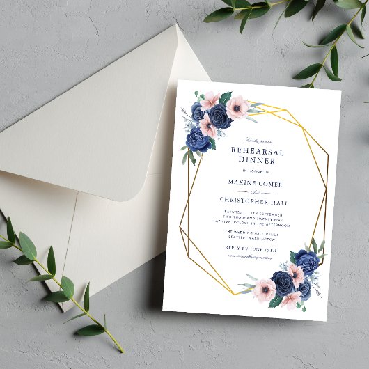 Navy Blau & Blush Blumenprobeessen Einladung