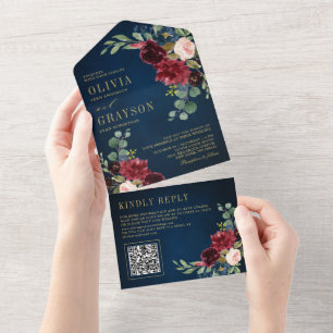 Navy Blau Blush Burgund Gold Botanische Hochzeit All In One Einladung