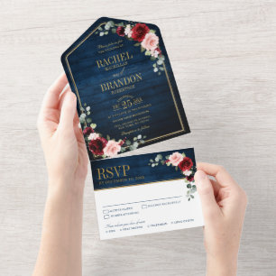 Navy Blau Blush Burgund Gold Geometrische Hochzeit All In One Einladung