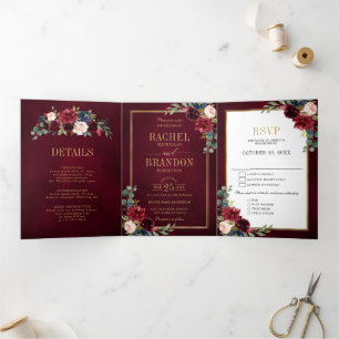 Navy Blau Blush Burgund Gold Geometrische Hochzeit Dreifach Gefaltete Ankündigung