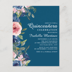 Navy Blau Blush Floral Grüne Blätter Quinceañera Einladung