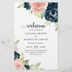 Navy Blau Blush Pink Blumen Hochzeitsprogramm zum