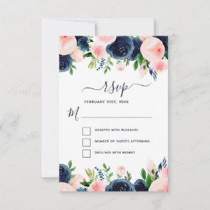 Navy Blau Blush Pink Floral Wasserfarbe RSVP Einladung