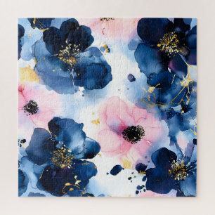 Navy Blau Blush Pink Gold Wasserfarben Floral Puzzle