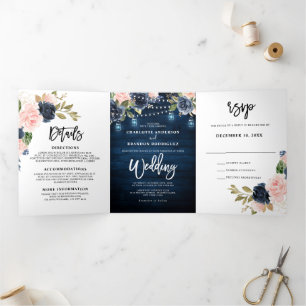 Navy Blau Blush Pink Lichterkette Trifold Hochzeit Dreifach Gefaltete Ankündigung