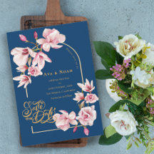 Navy Blau Blush Pink Magnolie Floral Save-the-Date