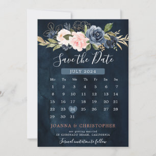Navy Blau Blush Pink Rose Boho Kalender Save The Date