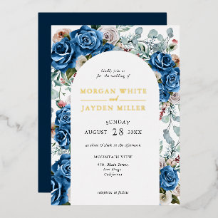 Navy Blau Blush Pink Staub Floralbogen Hochzeit Folieneinladung